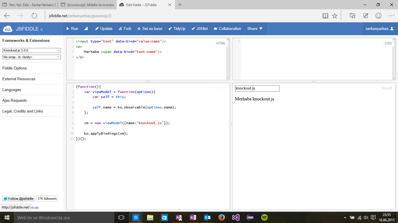 [Knockout.js] Jsfiddle ile knockout kullanımı | Serkan Yarbaş'ın Bloğu